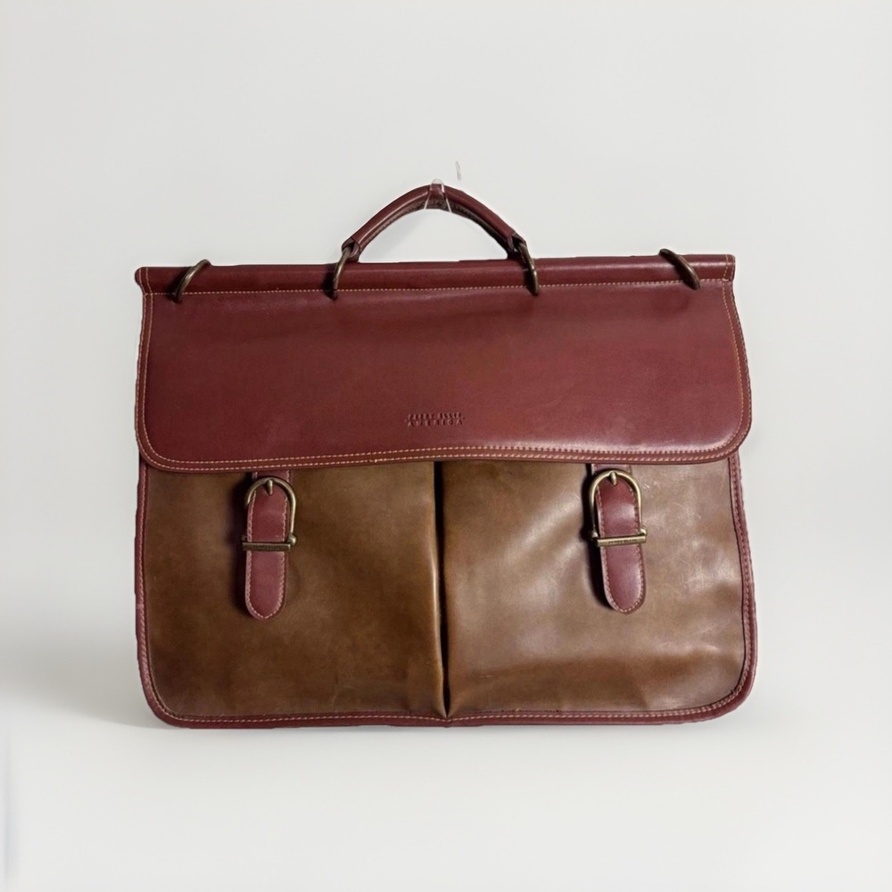 Perry Ellis Vtg Brown Color‎ Block Briefcase w/Strap & Structured Design (1990s)